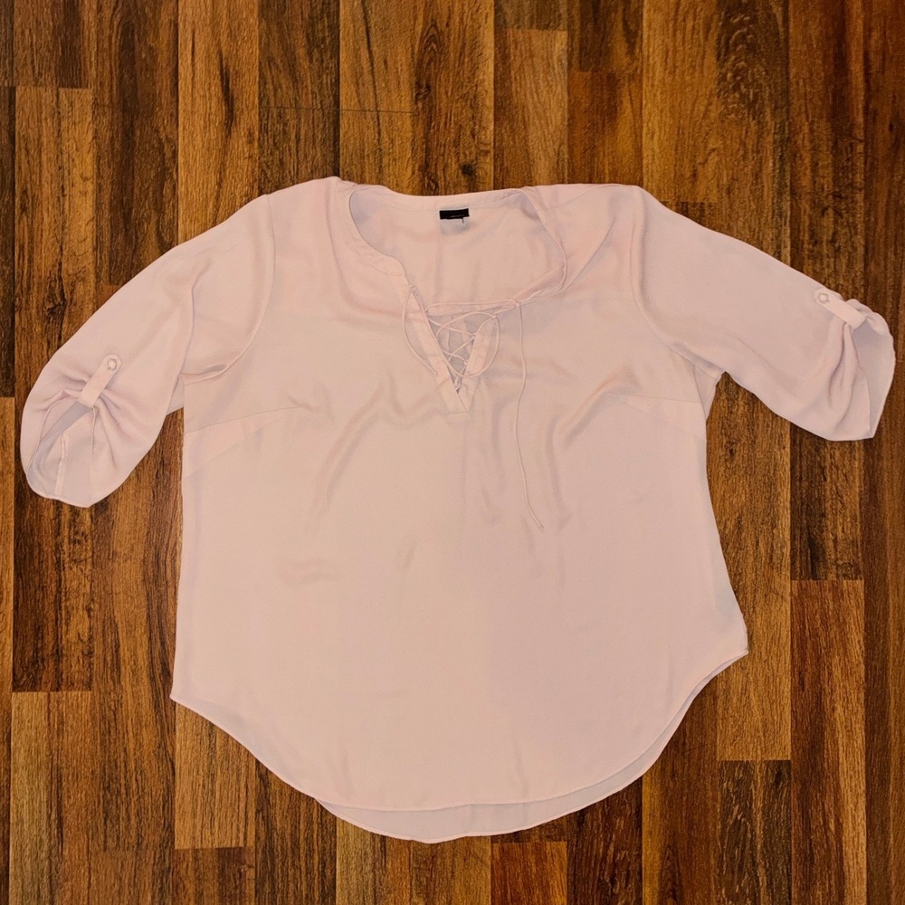 Worthington Woman Pink Lace Up V-Neck Roll Tab Sleeve Blouse Plus Size